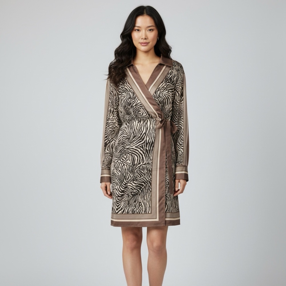 Ciebon Elegant Brown Zebra Print Wrap Dress